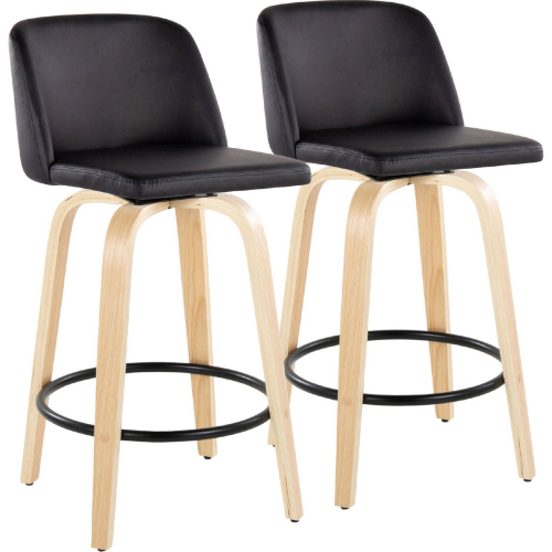 Toriano 26" Swivel Counter Stool in Natural Wood & Black Leatherette with Black Footrest (Set of 2)